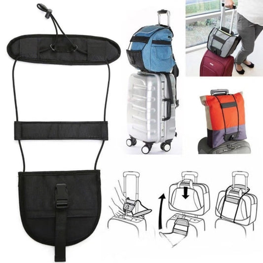 Black adjustable packing belt strap with top carry loop and front pocket