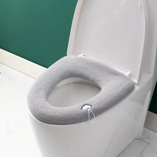 Gray knitted toilet seat cover pad with handle, cushioned oval ring design