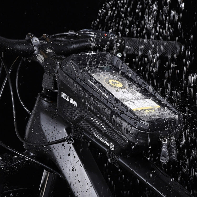 Black EVA hard shell bicycle front beam bag with phone pocket, mounted on bike