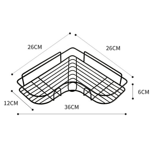 Black triangle corner storage rack with labeled measurements for wall mounting