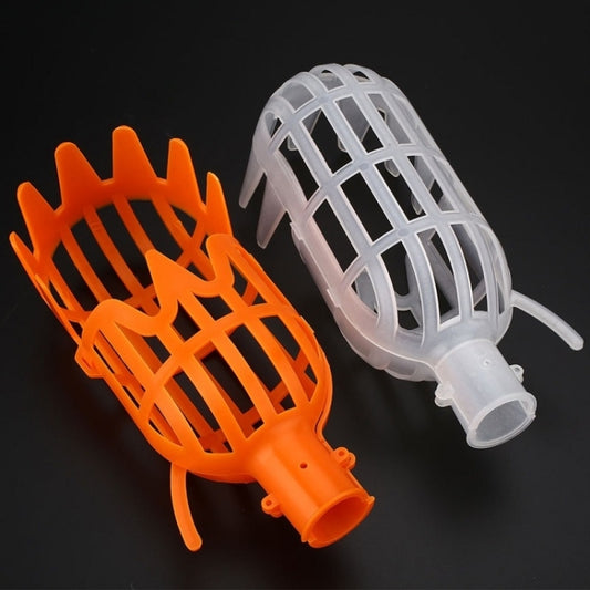 Orange and white fruit picker heads with open lattice baskets