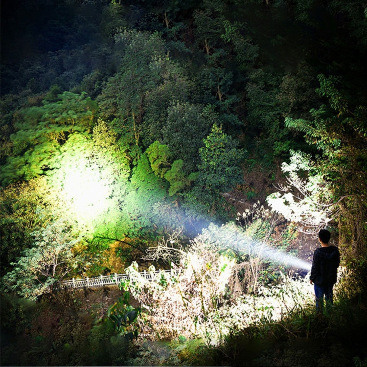 Outdoor flashlight shining a bright long-distance beam in a forest