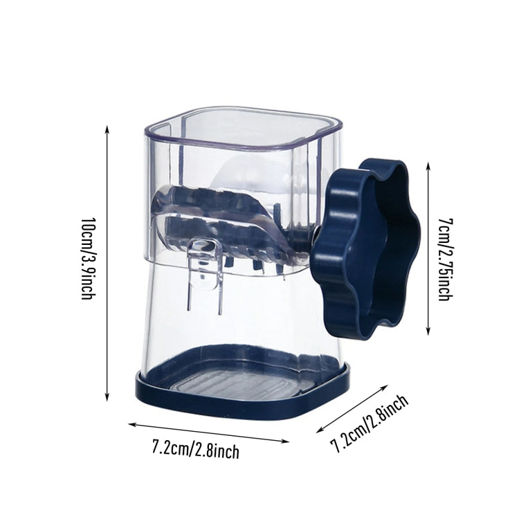 Manual nut crusher chopper with clear cup, navy handle, and size dimensions