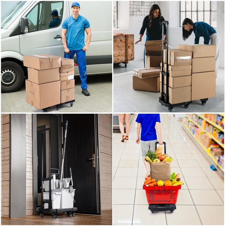 Black folding hand trolley transporting stacked boxes in a store and outdoors