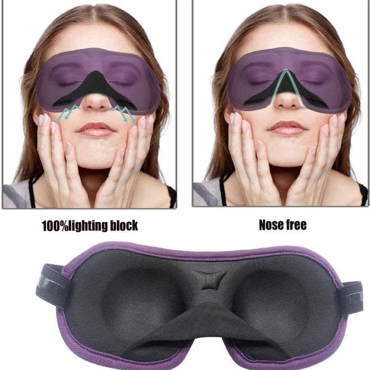 Purple 3D sleep eye mask worn on face, contoured padding and side strap visible