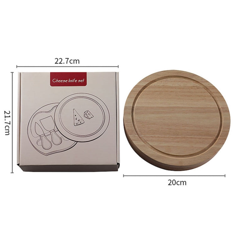 Round oak cheese board with box package, showing included set dimensions