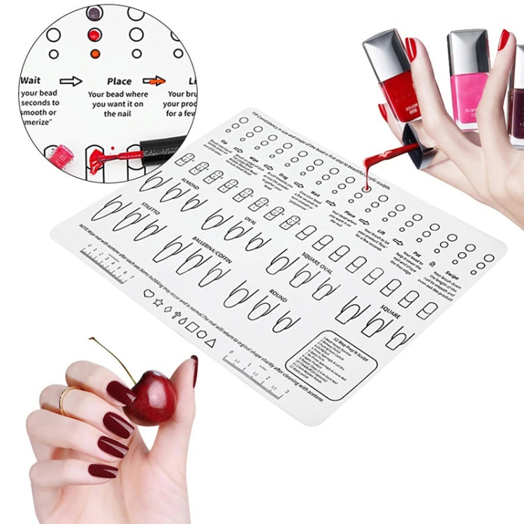 White silicone manicure pad palette laid out with nail shape guide chart and bottles
