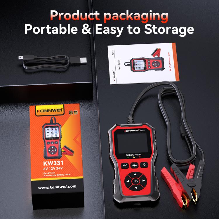 OBD2 code reader KW330 kit with red/black scanner, cables, and product box