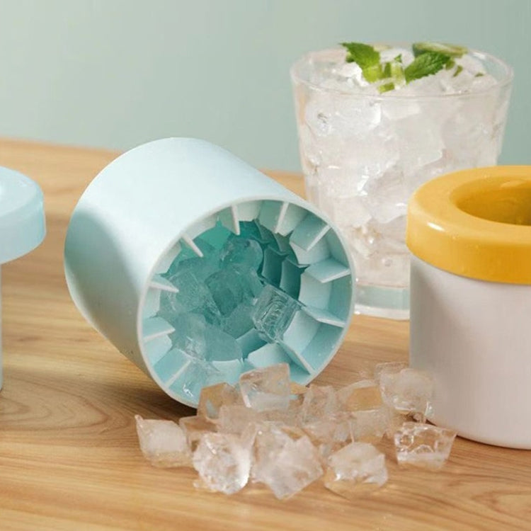 Blue silicone ice cube cup mold showing inner cavity and released ice cubes