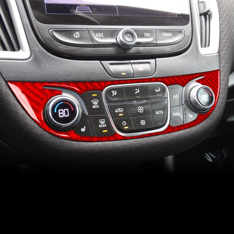 Red carbon-fiber central control knob panel sticker installed on dashboard controls