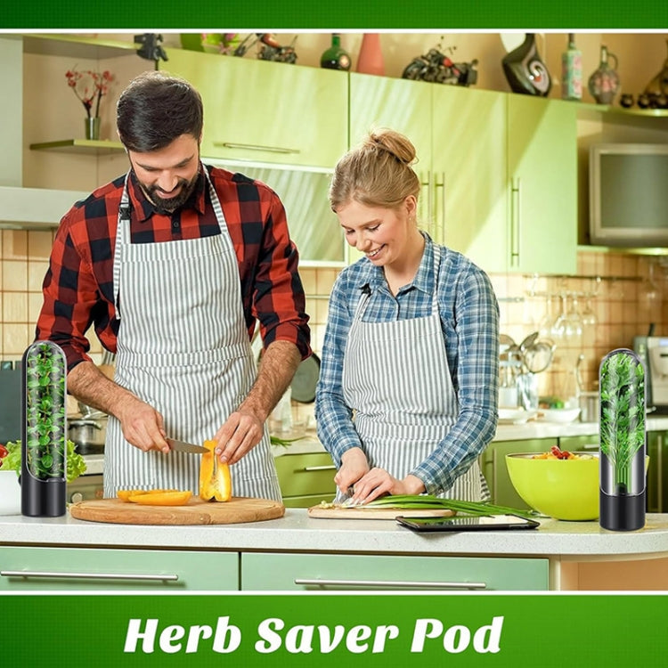 Two black herb storage pods with clear lids