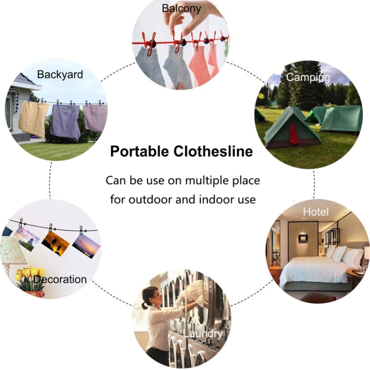 Portable retractable clothesline with clips, illustrated for indoor and outdoor use