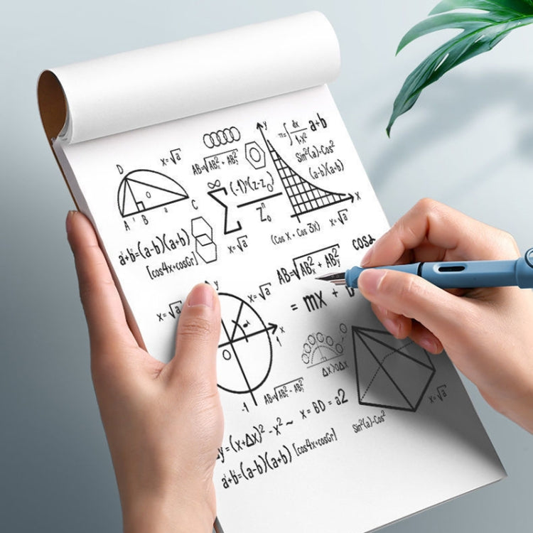 Open blank notebook with math diagrams on the page, hand writing with a blue pen