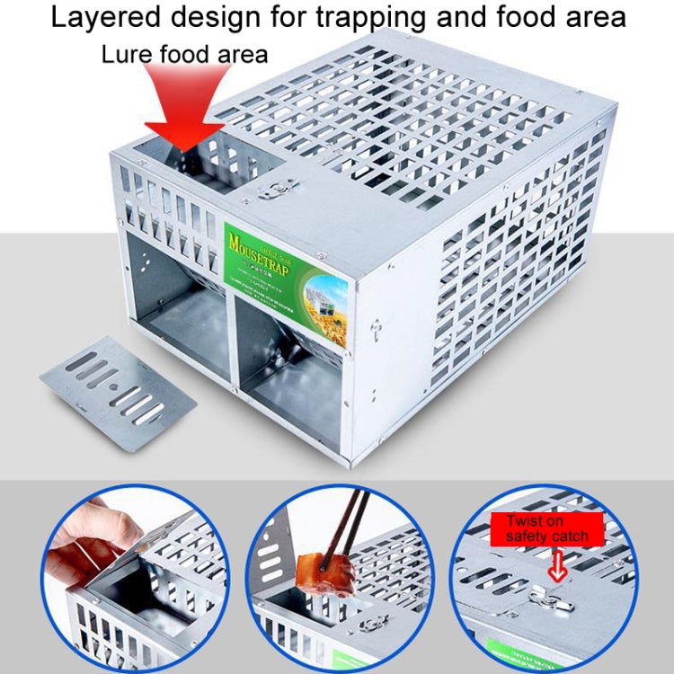 Metal mouse trap cage with layered top grid and lure/food area compartment