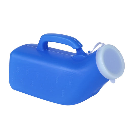 Blue plastic male urinal jug with built-in carry handle and round spout cover