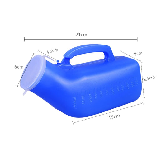 Blue plastic male urinal with lid, round spout, and ergonomic carry handle