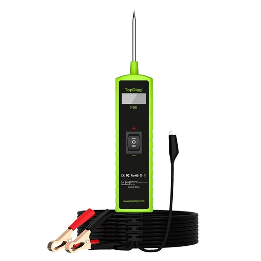 Automotive voltage circuit tester with green LCD unit, probe tip, and red/black clips