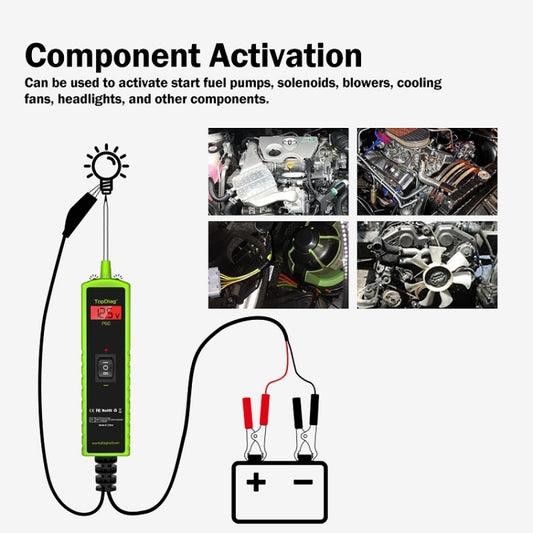Automotive circuit tester with green handheld body and long cable with battery clamps