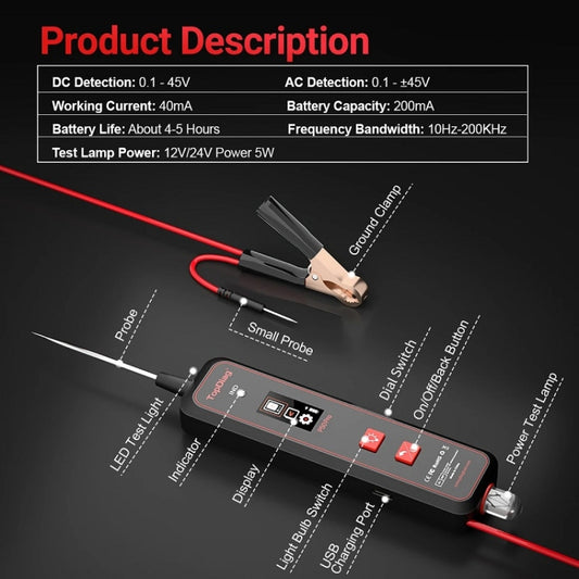 Handheld oscilloscope tester with probe leads and battery clip on top