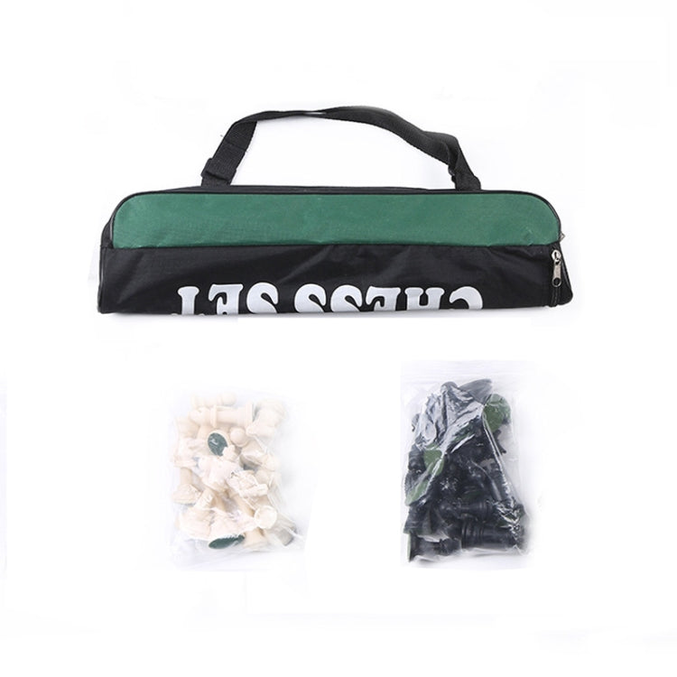 Portable chess set carrying bag with chess pieces in sealed plastic bags