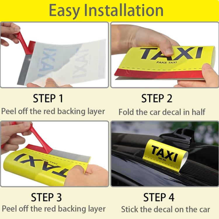 Car decal installation steps showing a yellow TAXI label with 'FAKE TAXI' text