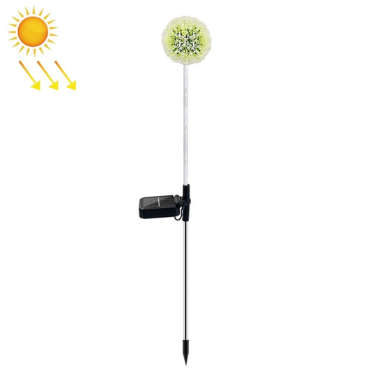 Solar LED dandelion ground plug light with green globe head on a metal stake