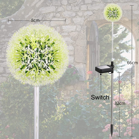 Solar LED dandelion ground plug lights with yellow-green globe heads on metal stakes