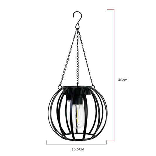 Black metal hanging solar lantern light with clear bulb, size shown