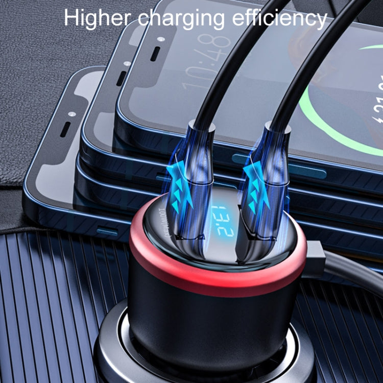 Car fast charger with blue power indicator and charging airflow around connector