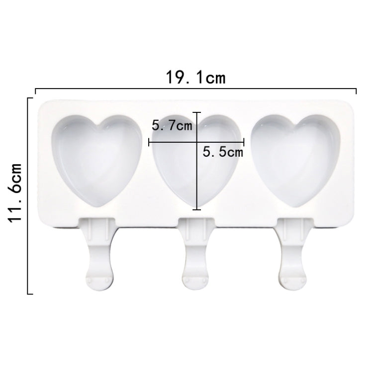 3-cavity heart ice pop mold tray with size measurements in cm