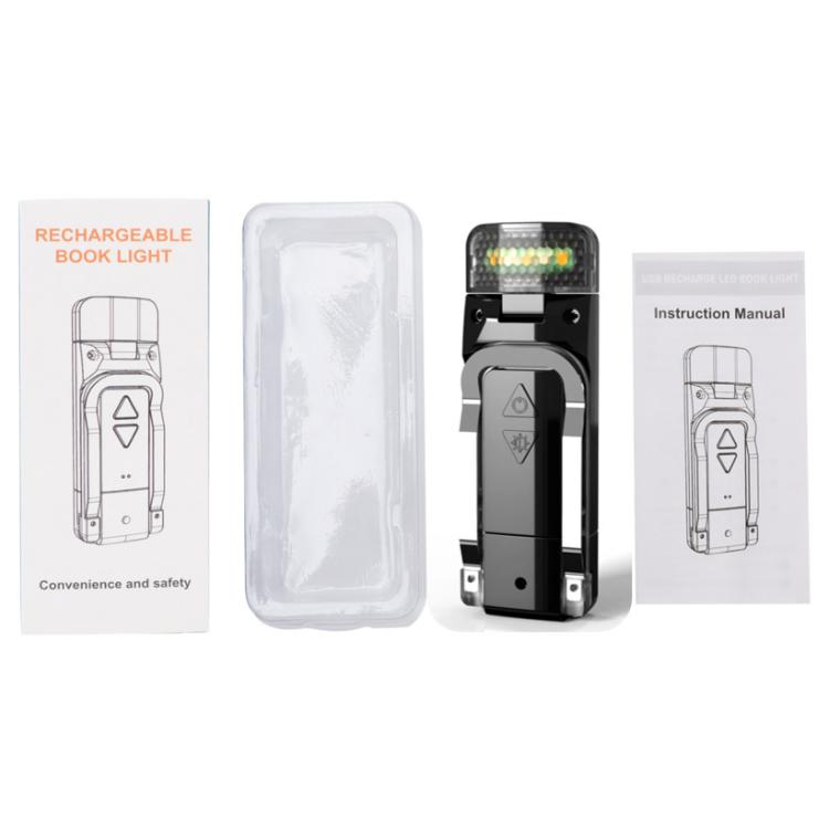Rechargeable clip-on book light kit with instruction papers and protective cover