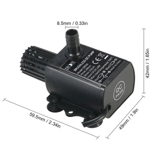 Compact brushless DC fountain pump with side fins, suction feet, and outlet spout