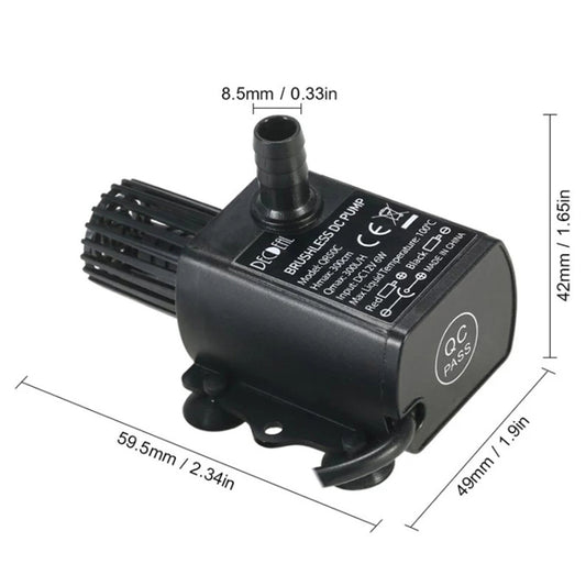 Brushless DC water pump with inlet/outlet ports shown in size diagram