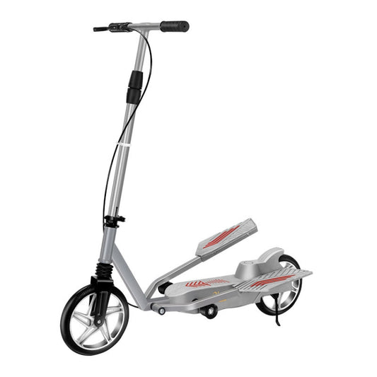 Adult two-wheel mobility scooter with silver frame, front wheel, and gray foot deck