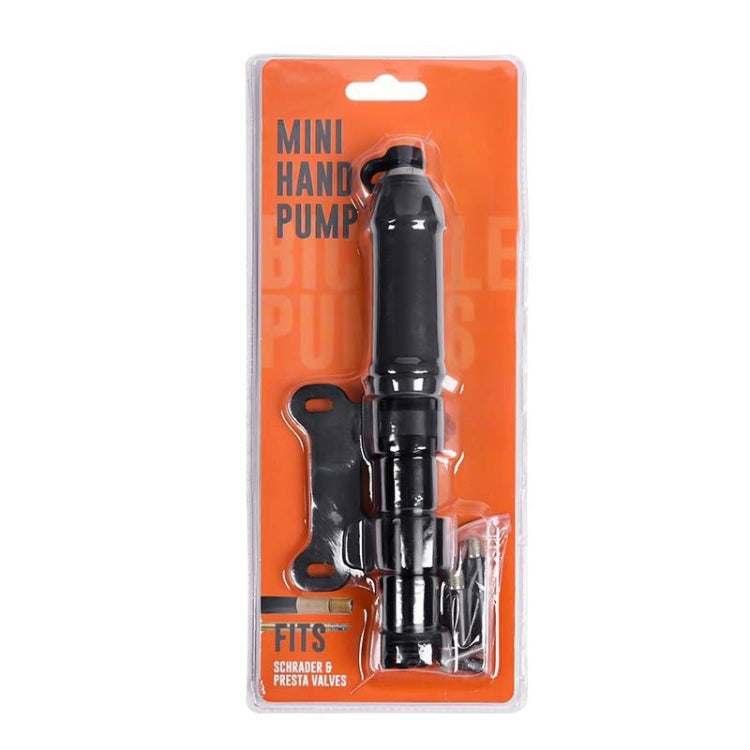 Mini hand pump accessory in clear blister pack with black pump and nozzle