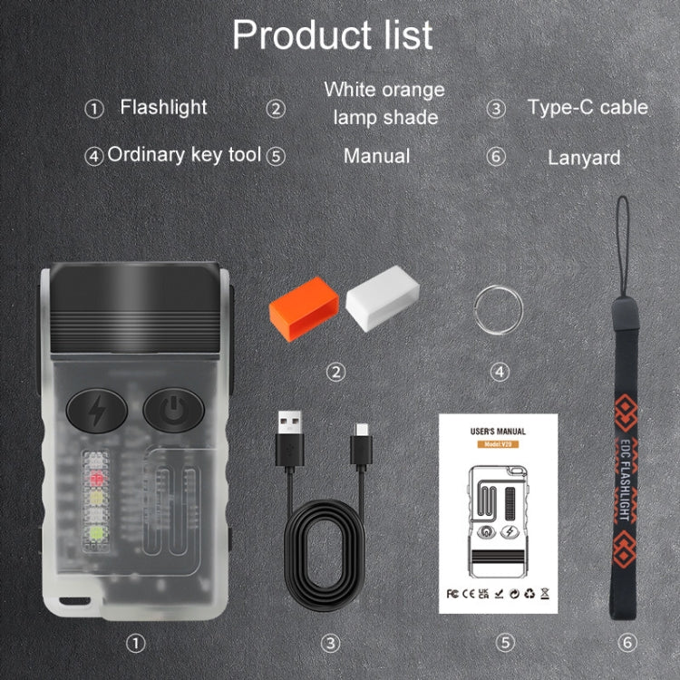 Rechargeable keychain flashlight with buttons and indicator window, compact gray body