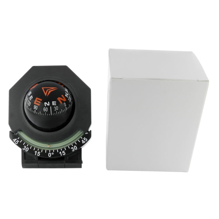 Car compass with slope gauge, black octagonal housing with angle scale beside a white box