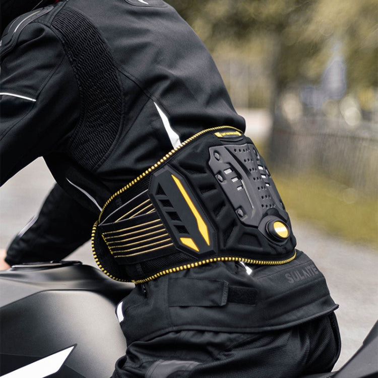 Motorcycle anti-fall belt with molded gray armor and yellow-trimmed padding