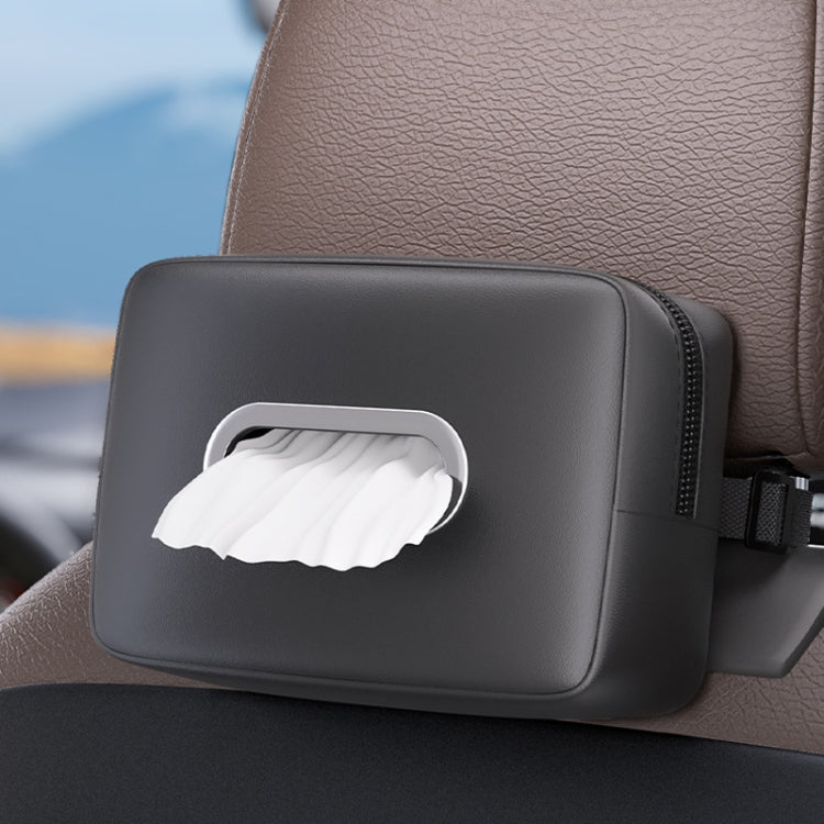 Black car seat tissue box holder on seat back with securing strap and tissues