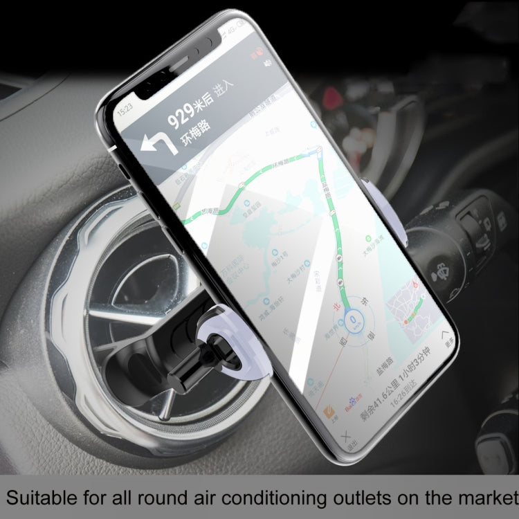 Car air vent phone mount holding a smartphone with navigation map screen