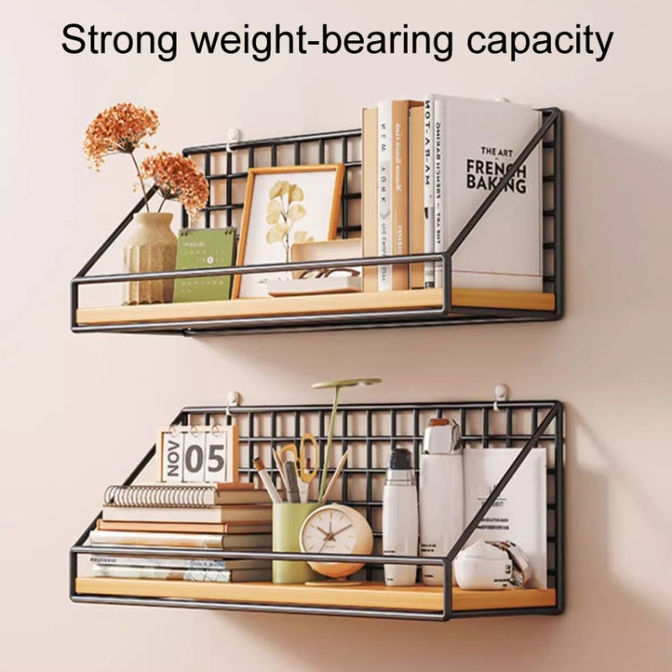 Black wall hanging organizer shelves with metal grid and wood base for strong support