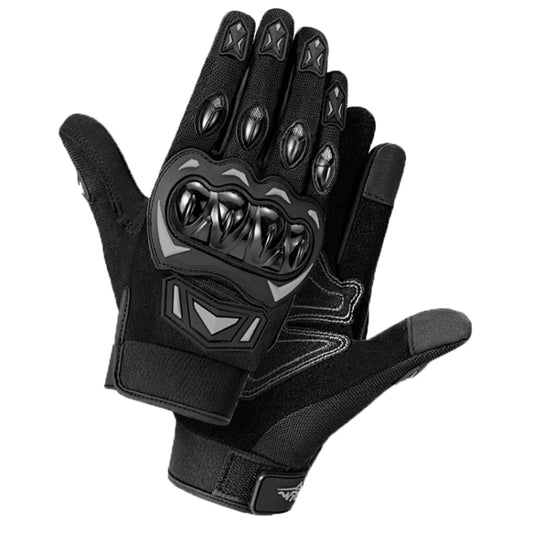 Black motorcycle riding gloves with knuckle armor and touch-screen fingertip area