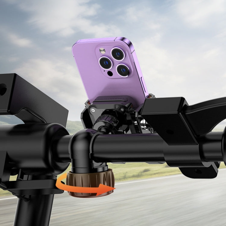 Close-up of handlebar phone holder with rotating mount base and purple phone