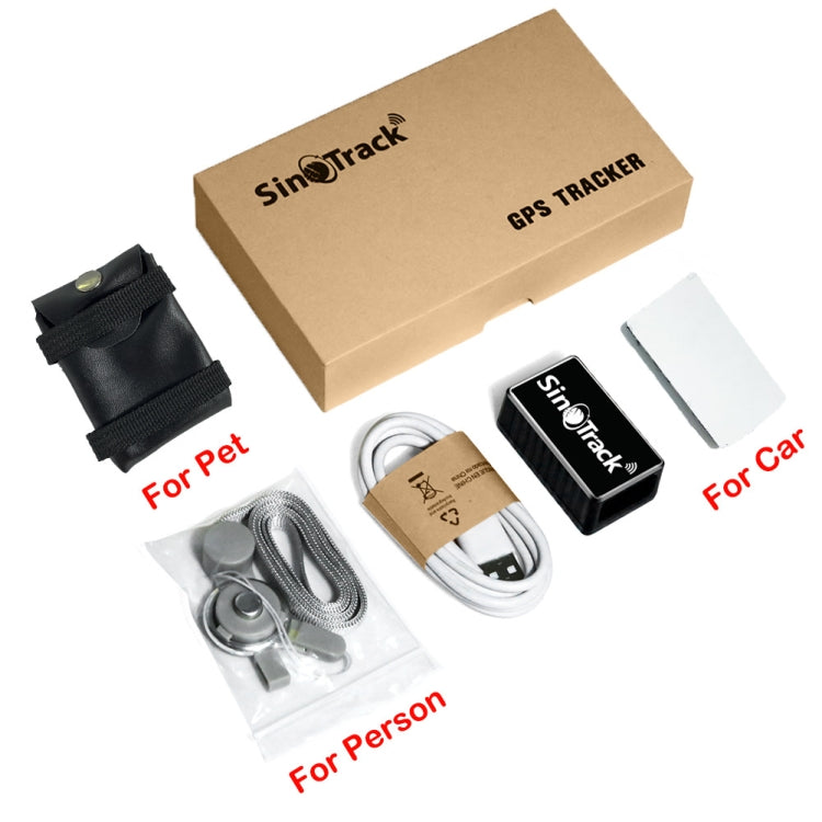 GPS tracker kit with Sinotrack device, box, cables, and mounting accessories