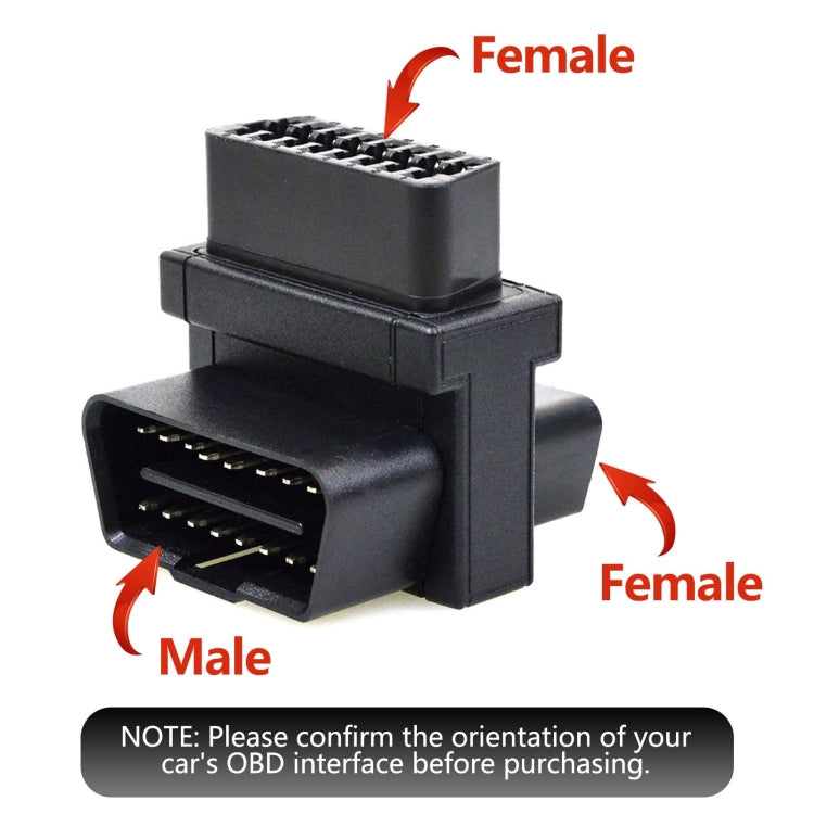OBD-II 16-pin adapter plug with male and female ends, black