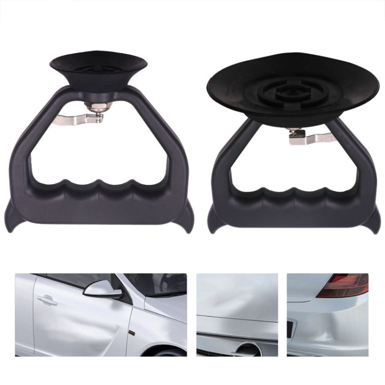 Two car dent suction pullers shown with suction cups and car panel inset
