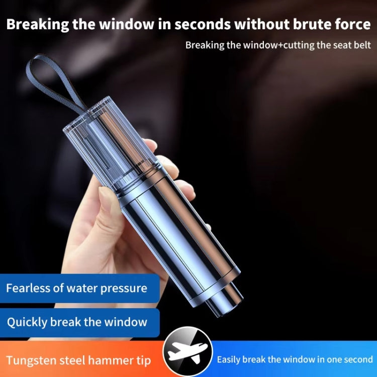Handheld mini car safety hammer with clear head, lanyard strap, and steel hammer tip