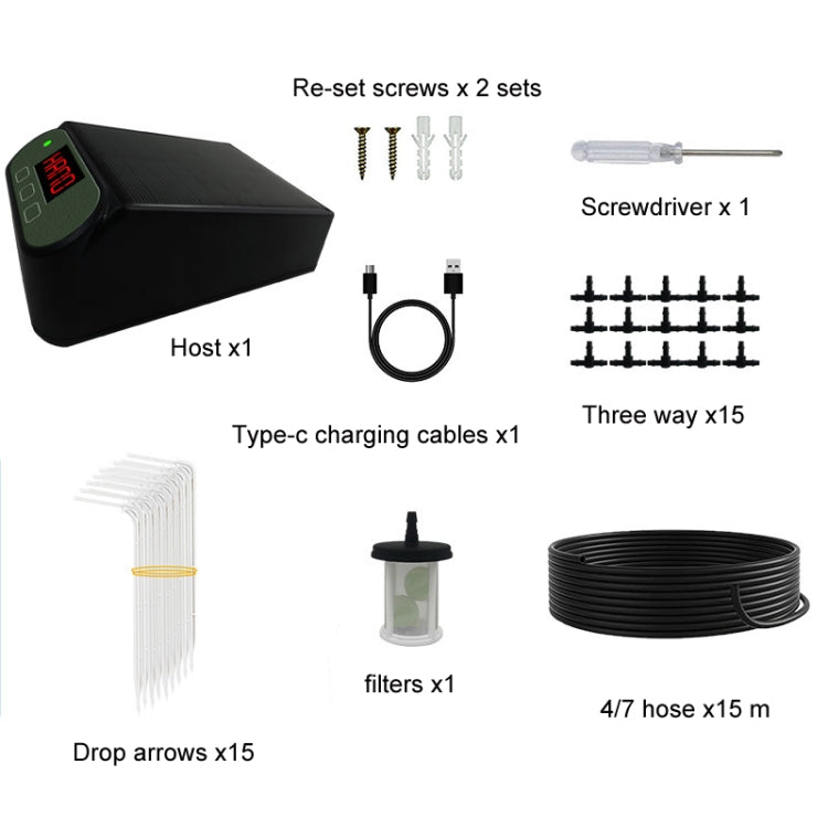 Solar watering device kit with controller, charging cables, hose, screws, and filters