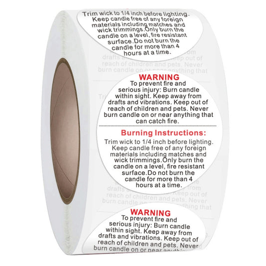 Round self-adhesive warning sticker roll with red WARNING text and burning instructions
