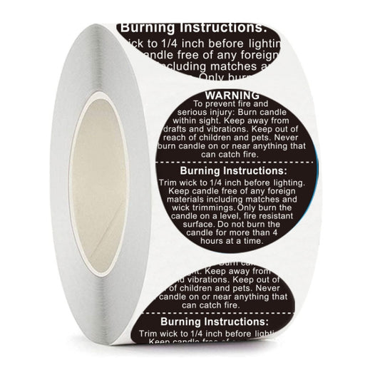 Close-up of a round warning instruction sticker with red WARNING header